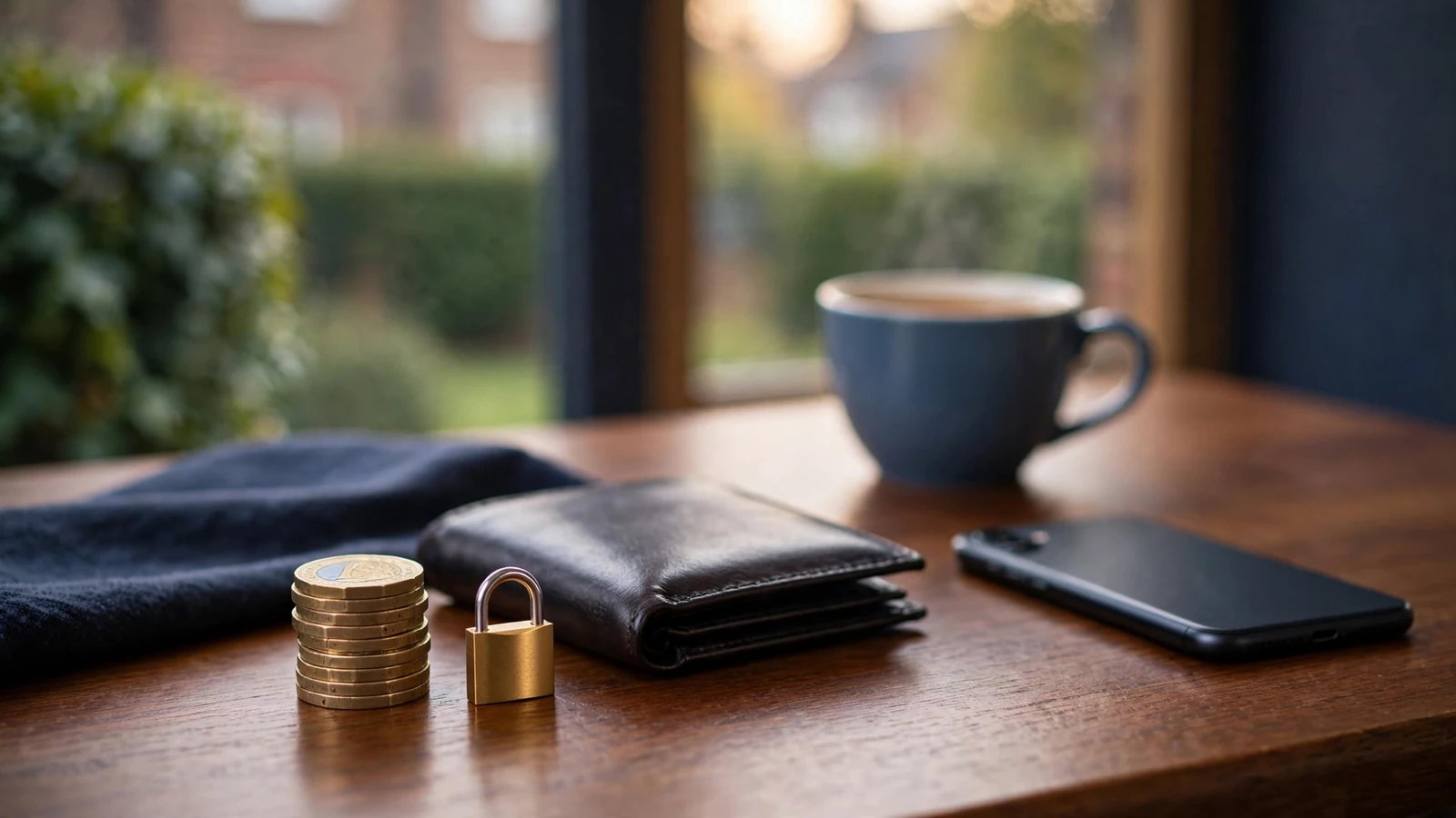 British one-pound coins on a casino tabletop with a closed wallet and smartphone
