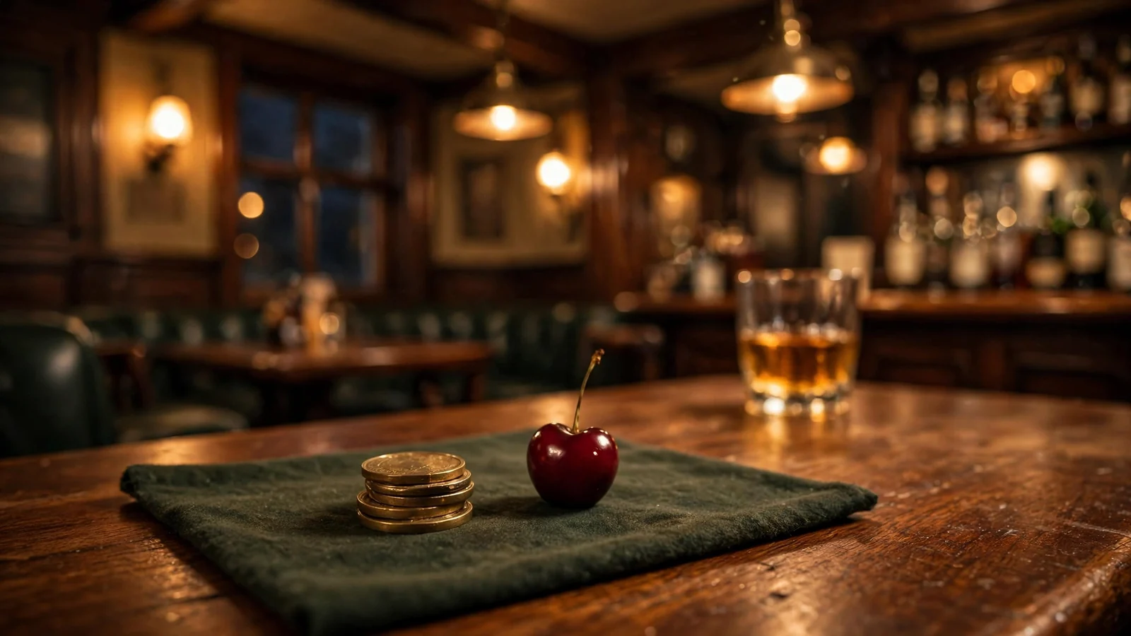 British pub table with brass tokens and whisky glass, warm amber lighting