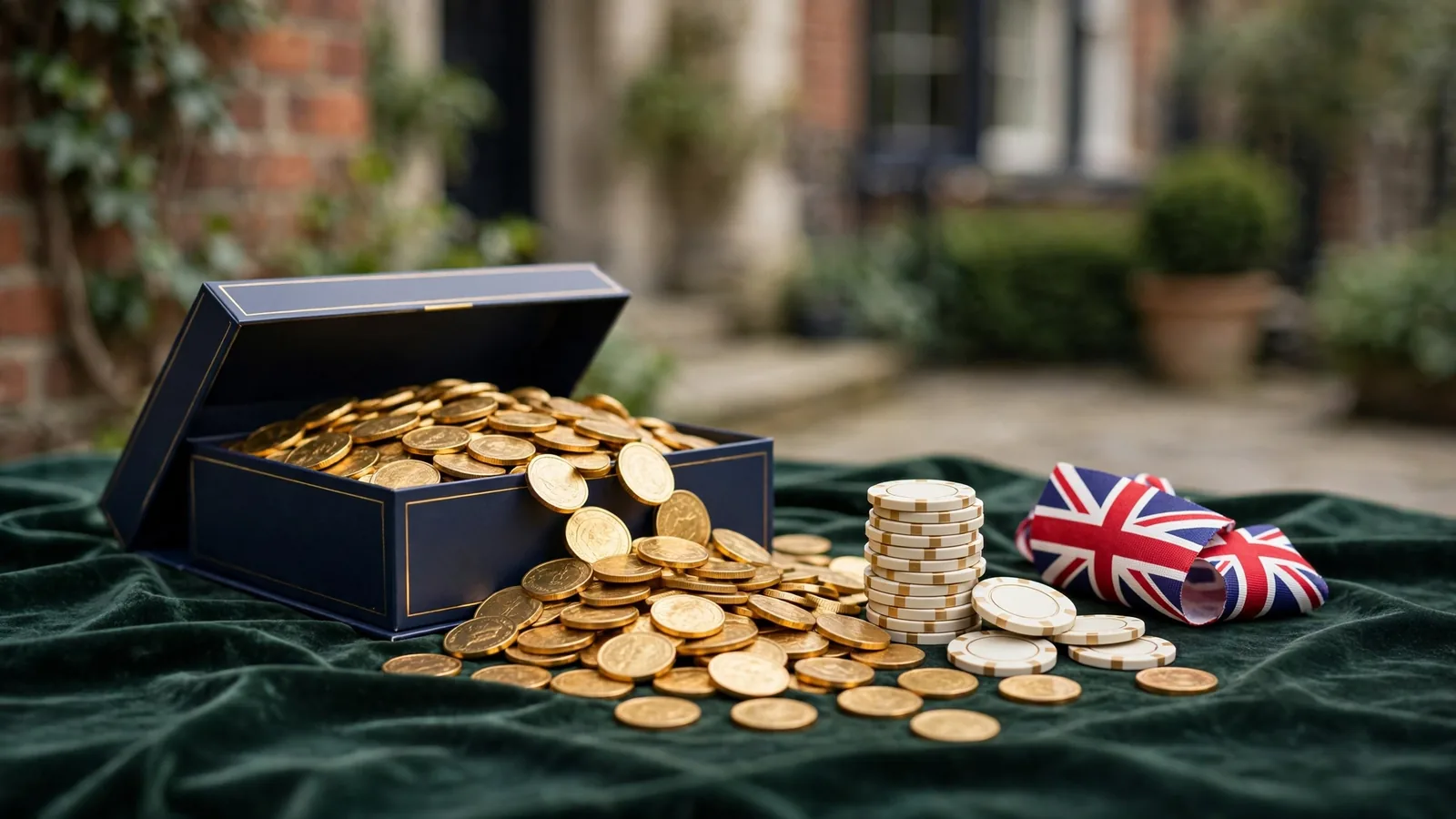 Open gift box with golden coins and casino chips in elegant studio lighting