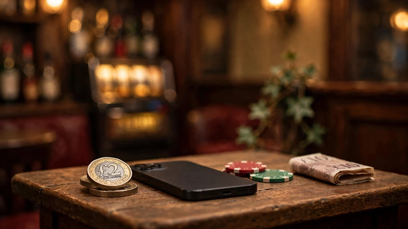 Two-pound coins on a pub table with a smartphone, chips, and banknote.