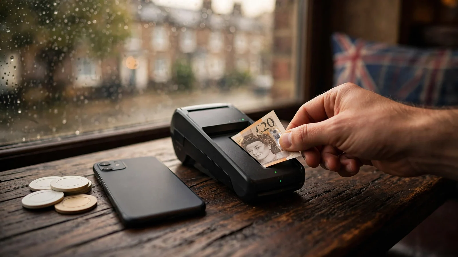 Twenty-pound note, payment device and casino chips on a table
