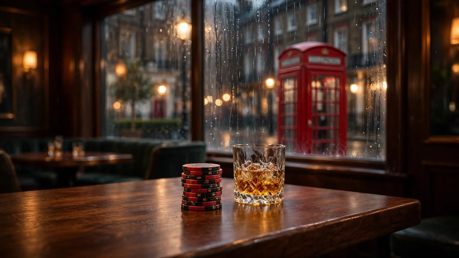 Casino chips and whisky on a wooden table with a London telephone booth visible through the window