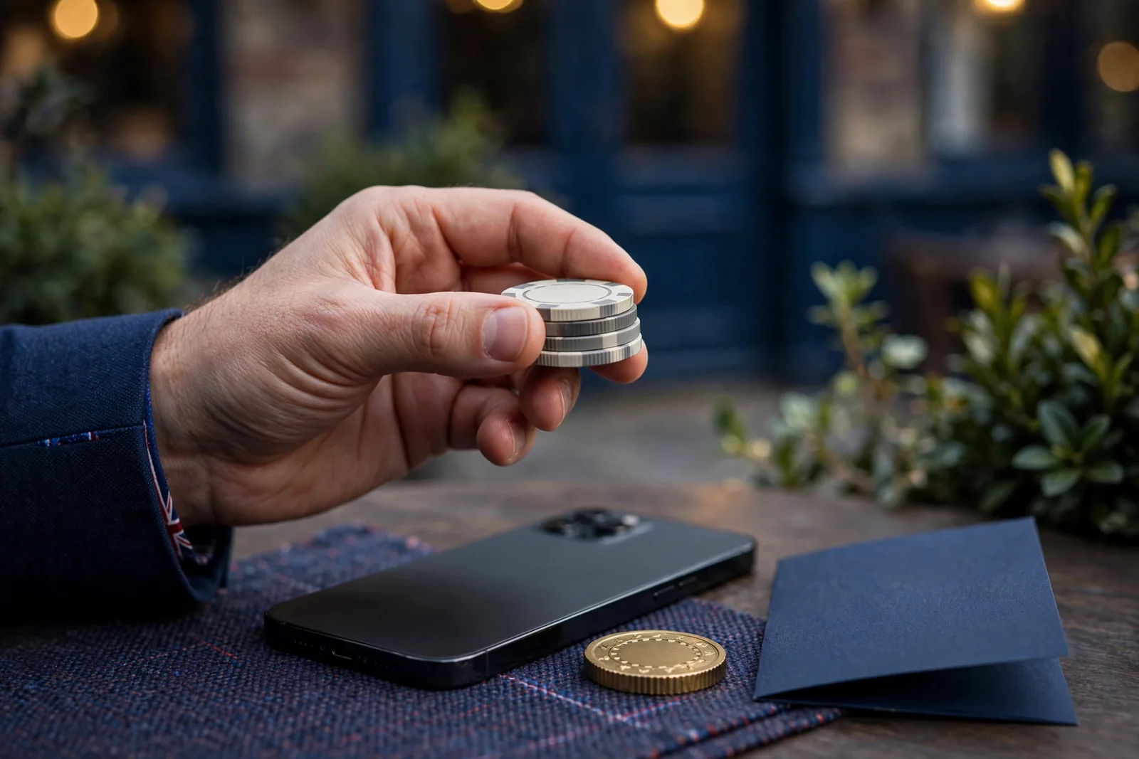 Casino chips and a face-down smartphone suggest 250 free spins without deposit in the UK.
