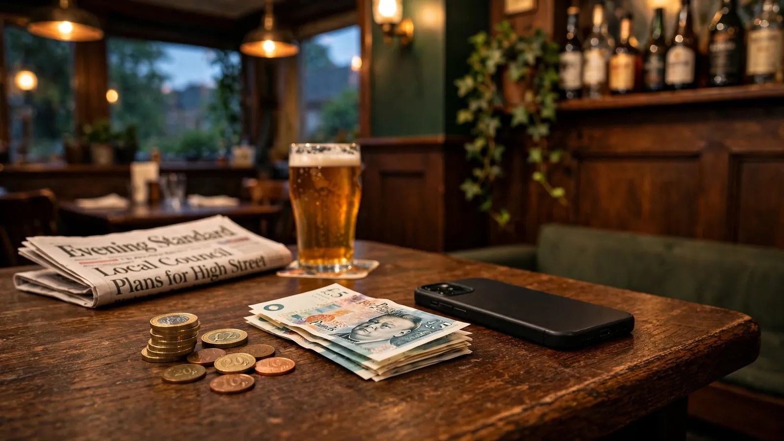 Cozy British pub table with small pile of pound coins, face-down phone, pint of ale, warm evening lighting.