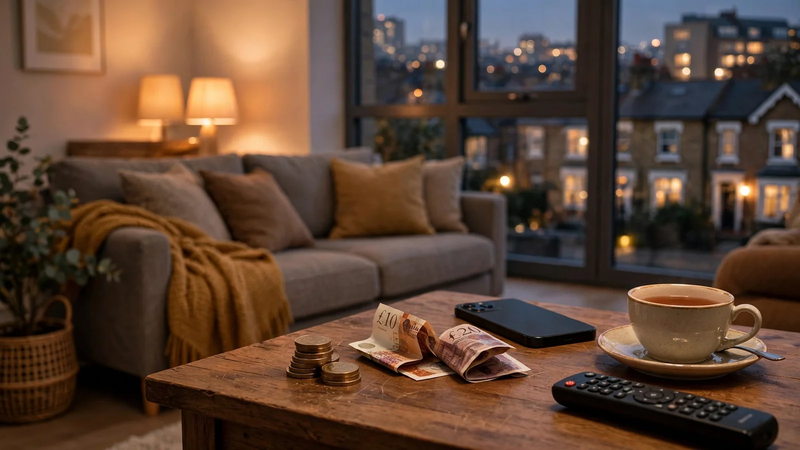 British pound coins and banknotes on a side table next to a face-down smartphone at home