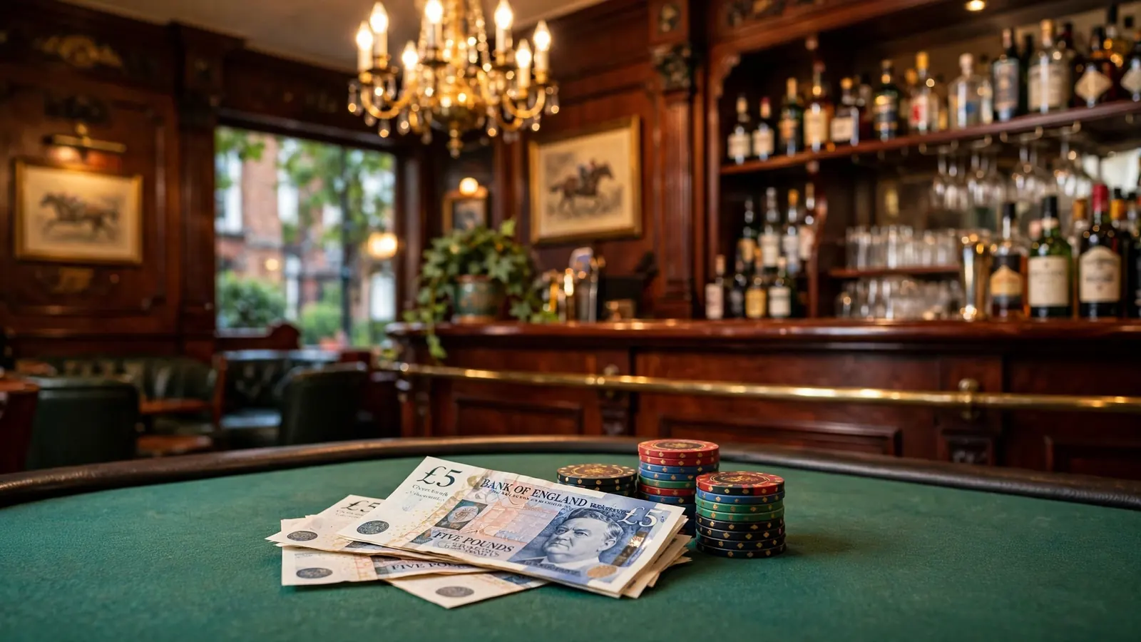 British five-pound notes and casino chips on a green felt table in a UK casino lounge.