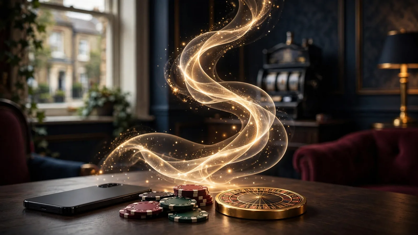 Stylised UK casino lounge with closed phone and bonus-spin tokens