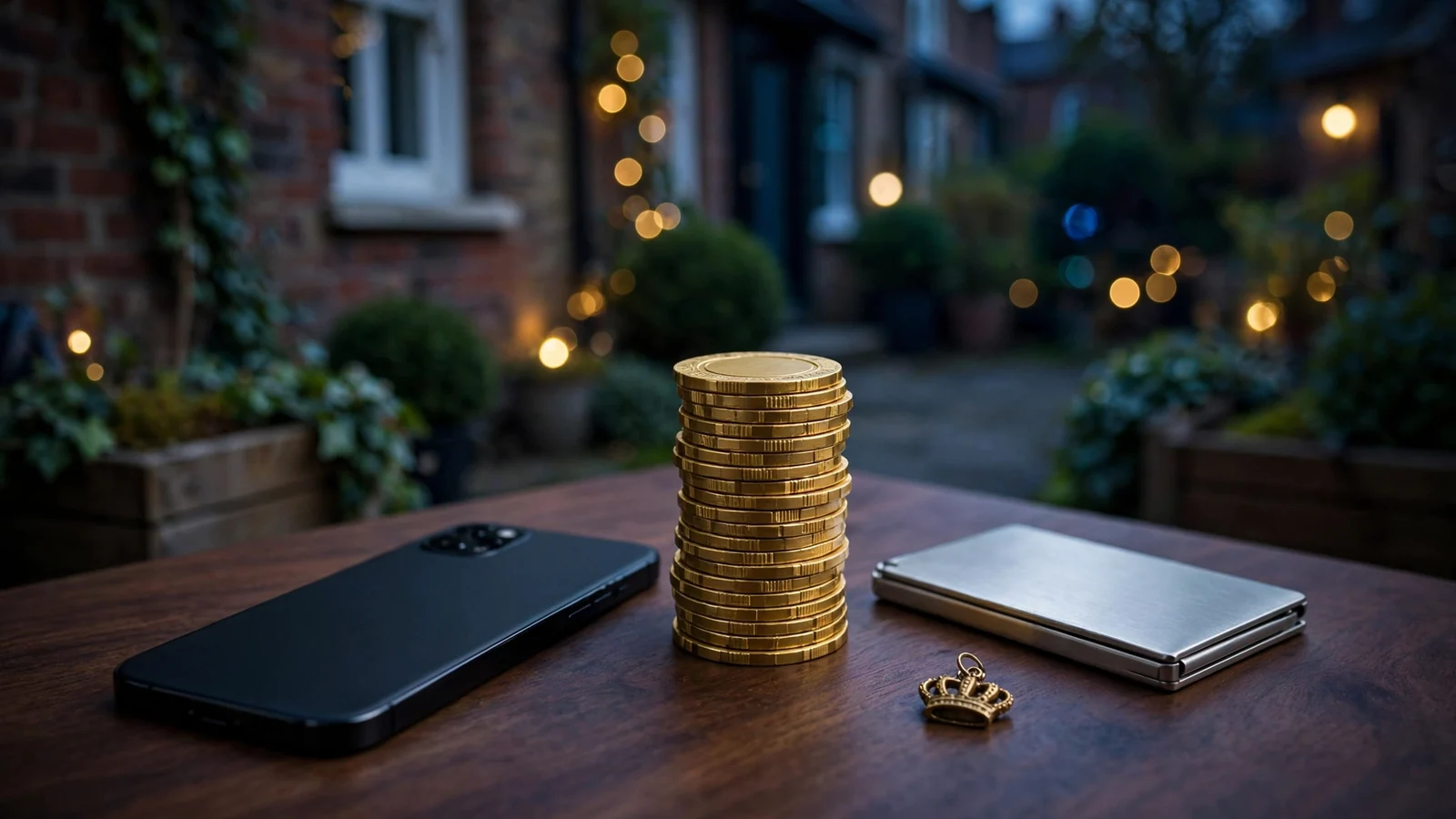 Face-down smartphone beside eighty golden chips in an elegant UK casino setting