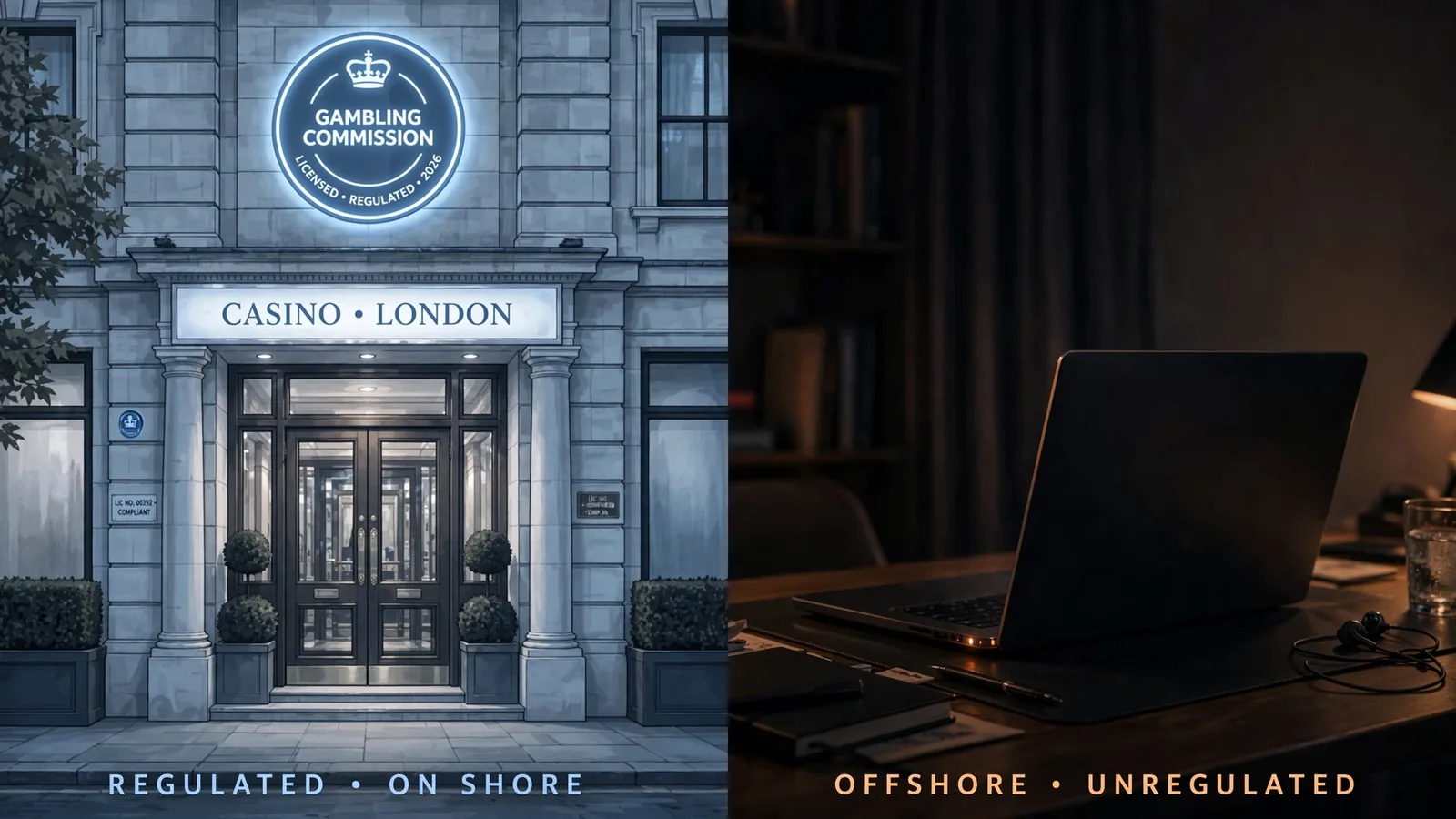 Split illustration contrasting a regulated UK casino facade with an offshore laptop on a dark desk.