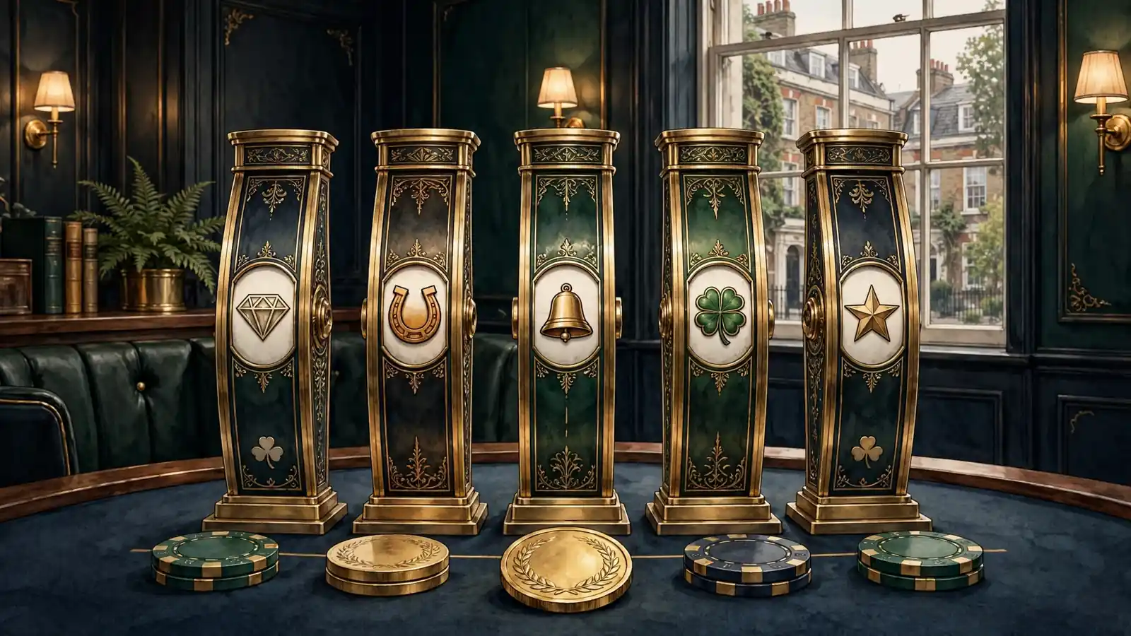 Five vertical reels, one coin and casino chips in an elegant UK-themed illustration