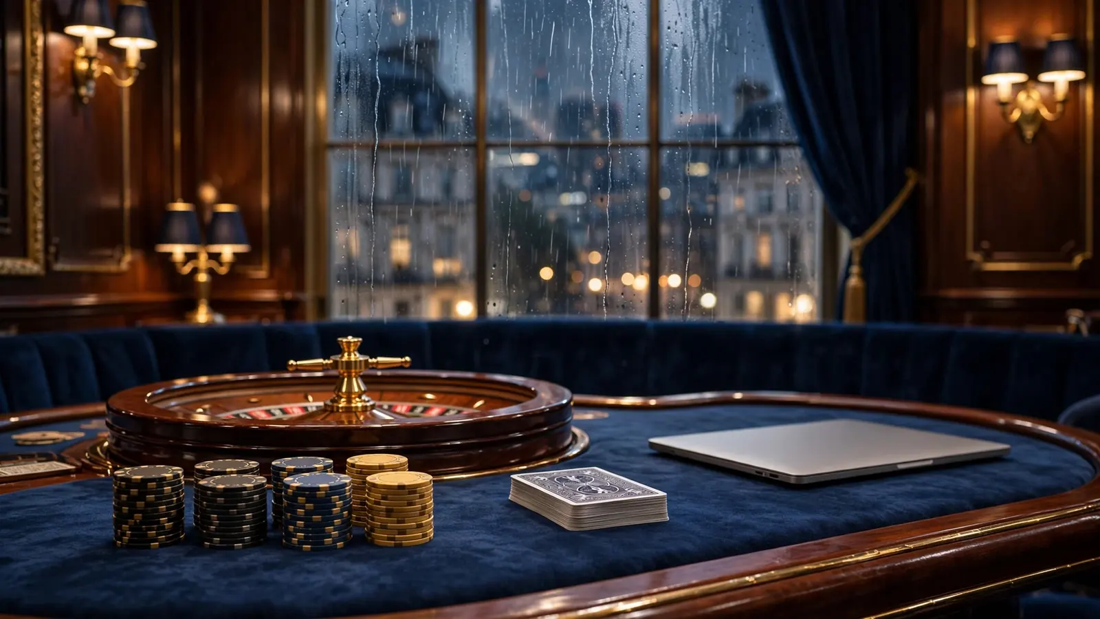 Elegant UK casino lounge with roulette wheel, chips, cards, and London skyline