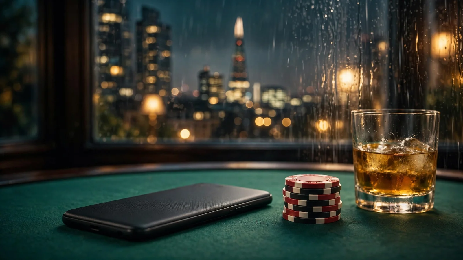 Android phone on green casino felt with chips, whisky, and London skyline behind glass