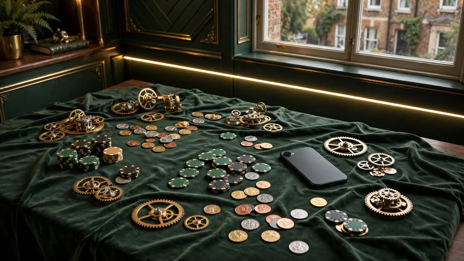 Elegant UK casino lounge with hidden phone, chips, and reel motifs