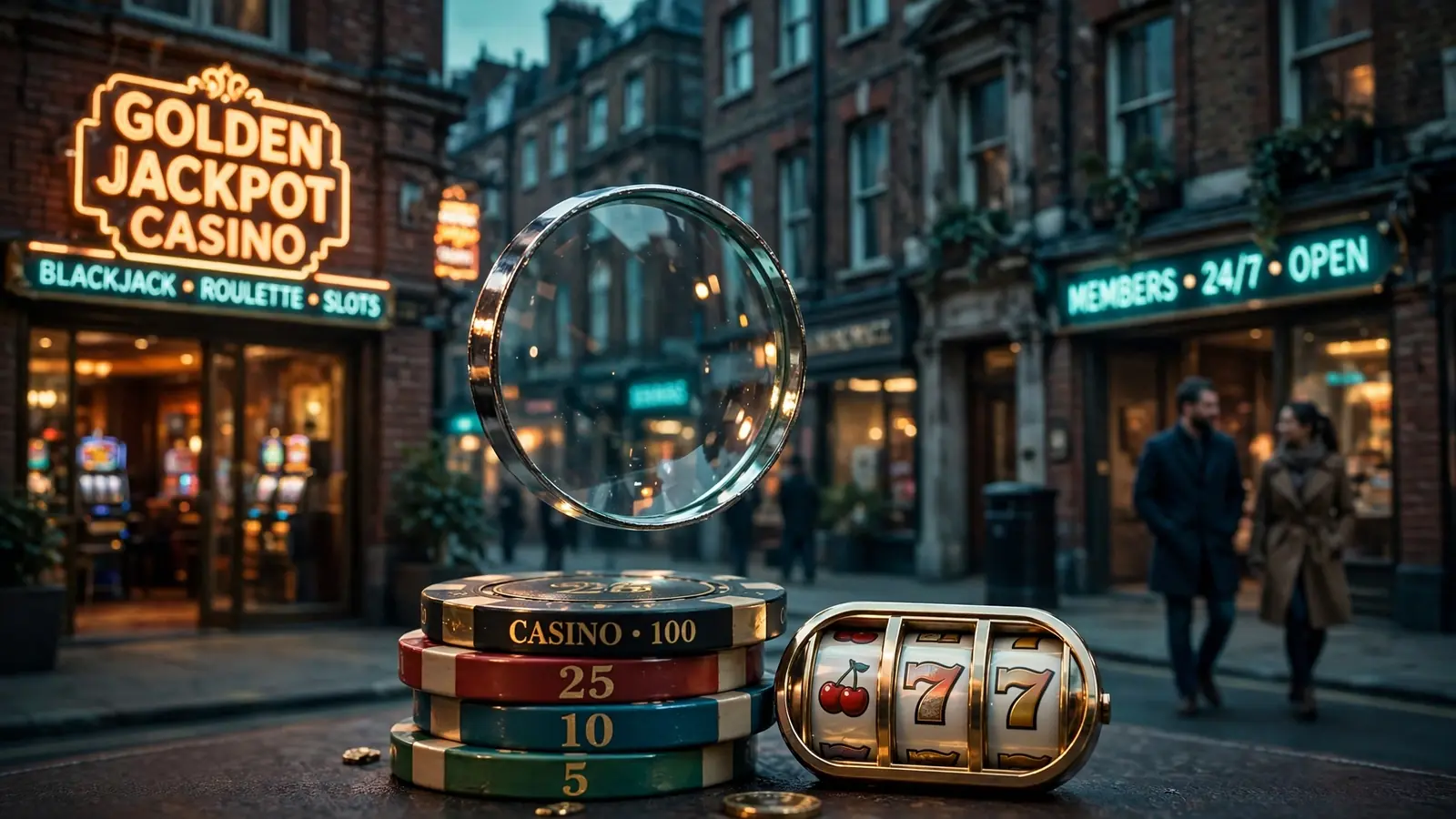 London casino street scene with chips and magnifying glass symbolising verified slot reviews