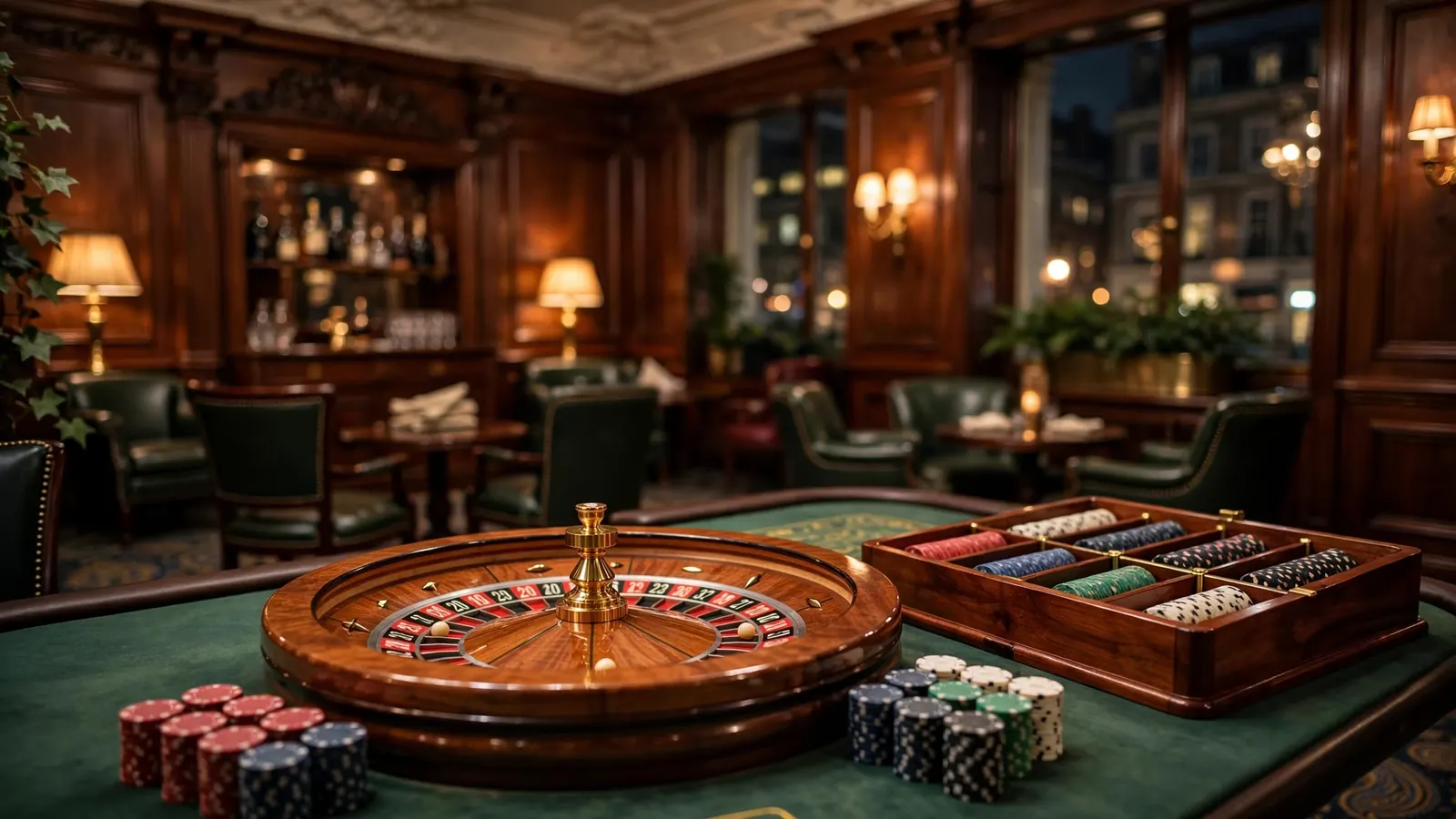 Elegant British casino scene with a roulette wheel and stacked chips on a green table