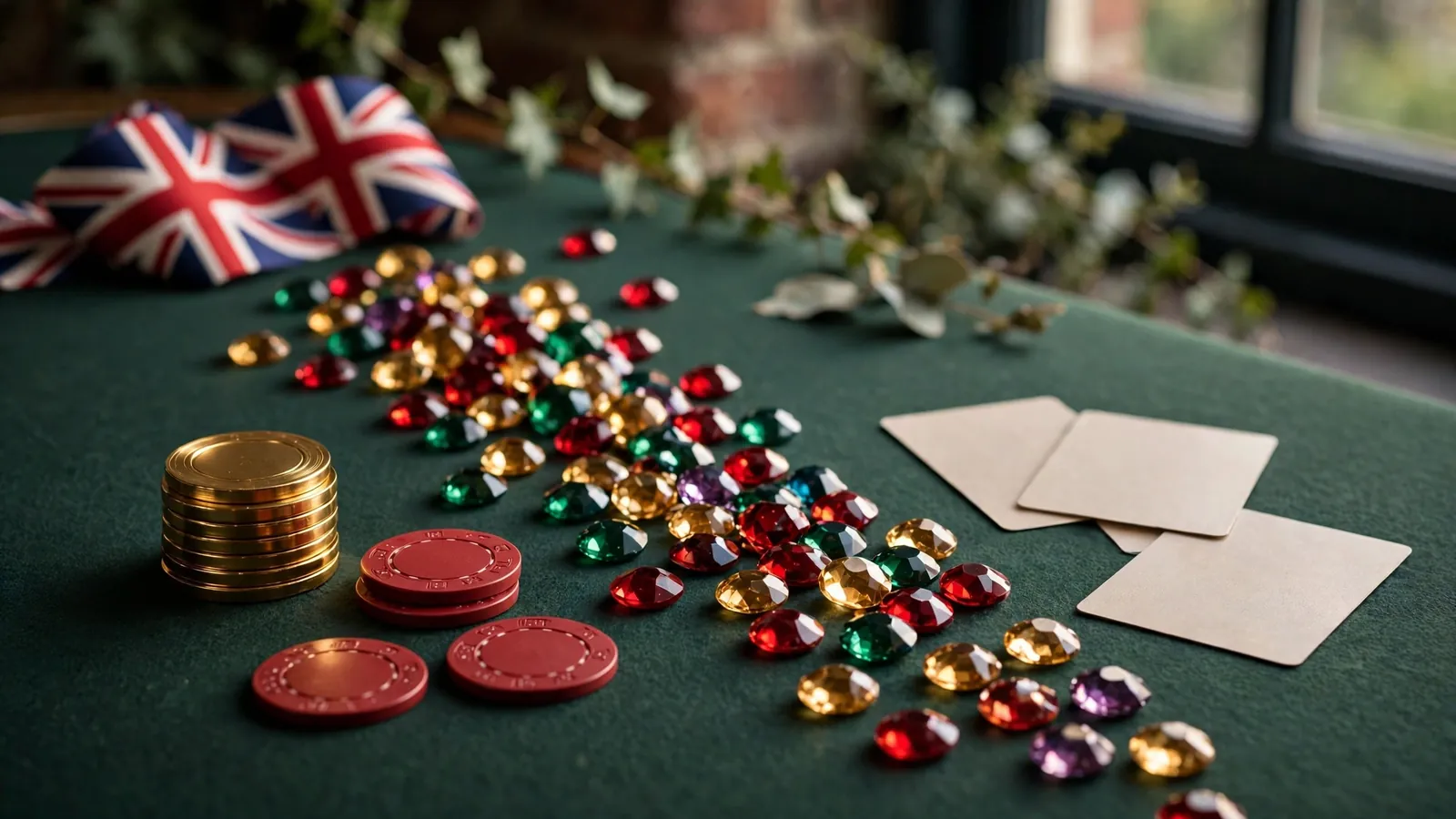 Casino chips and cascading tokens arranged on a UK-themed table