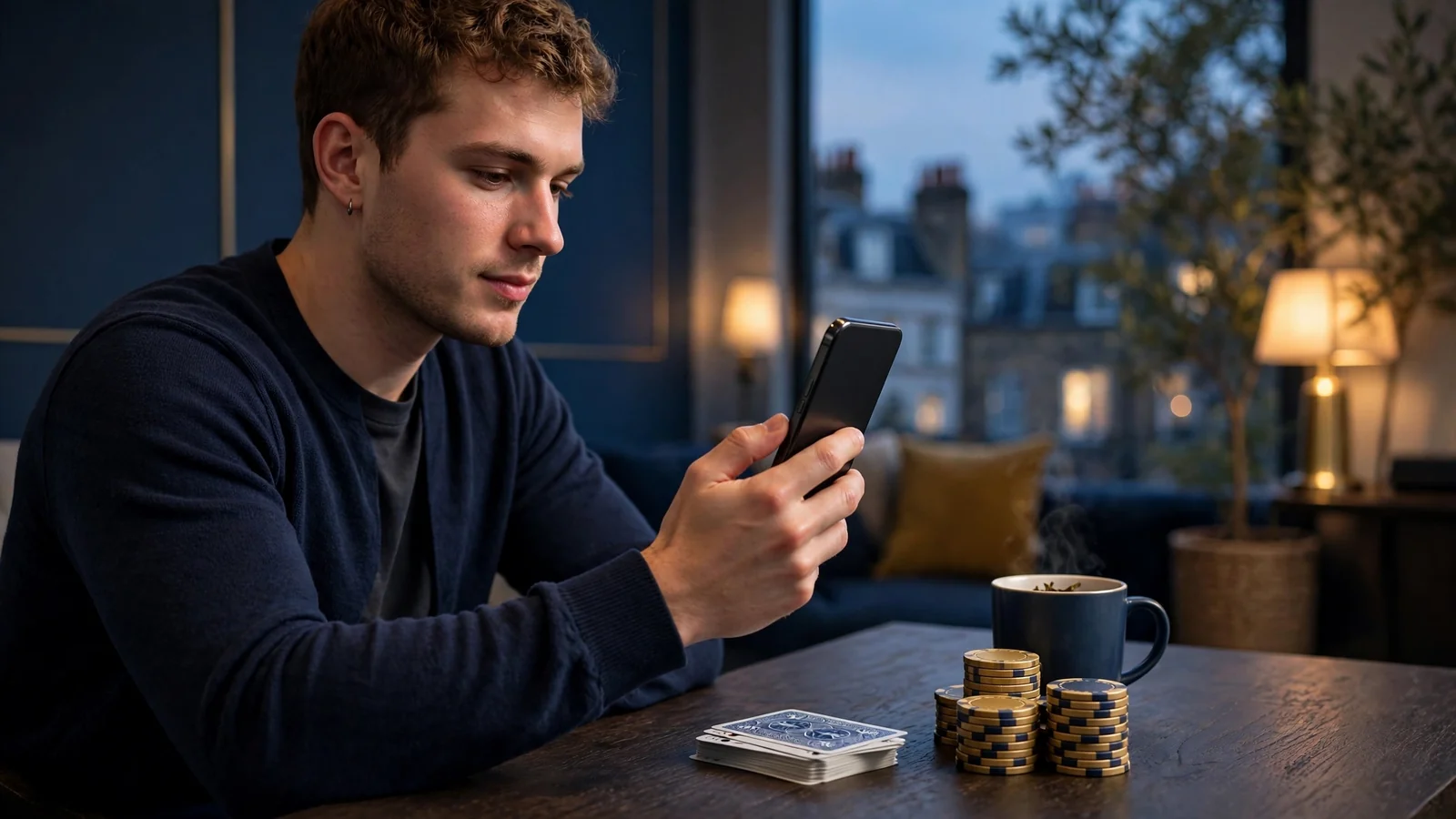 UK player using a smartphone beside unbranded casino chips and cards