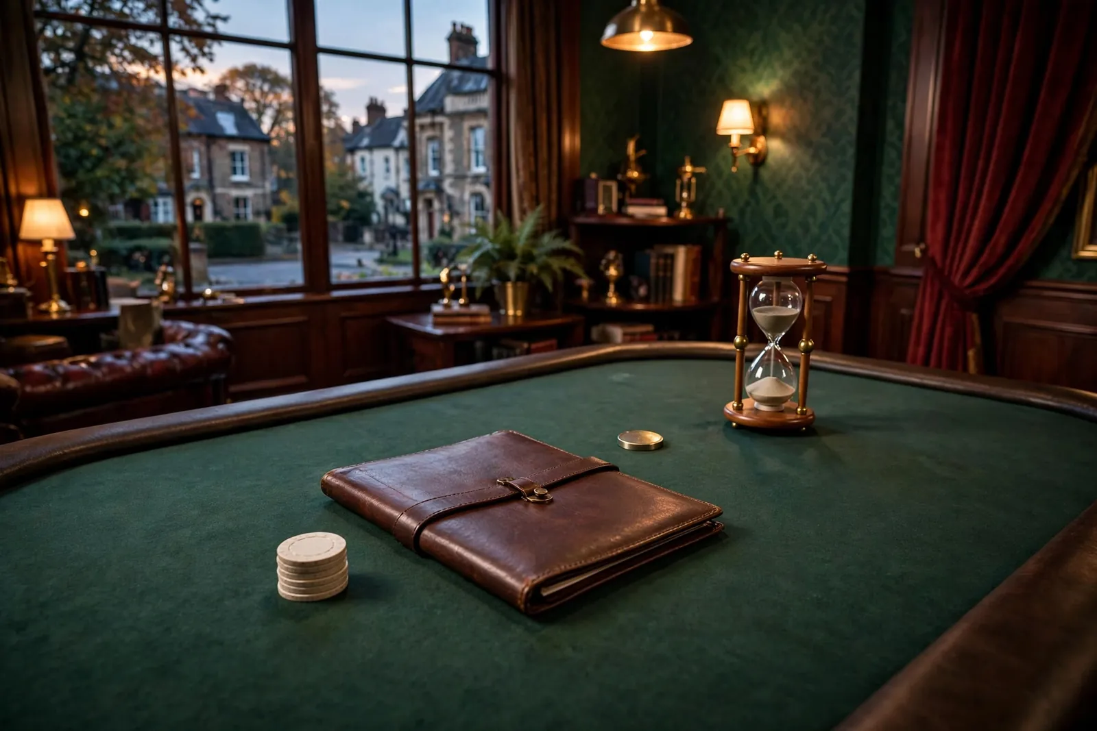 Casino chips, offer folder, token, and hourglass on a green table