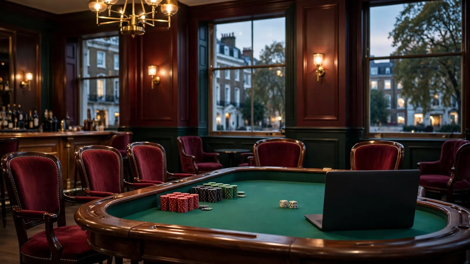 Upscale London casino lounge with craps chips and dice