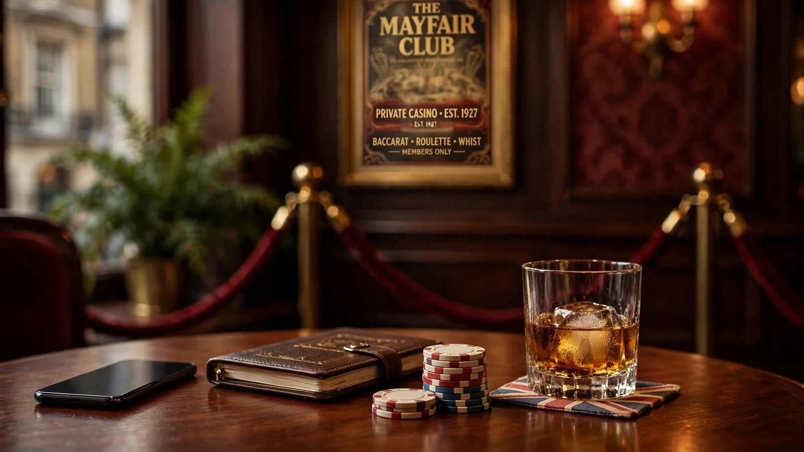 Elegant British casino table with chips, whisky, and face-down smartphone in warm moody lighting