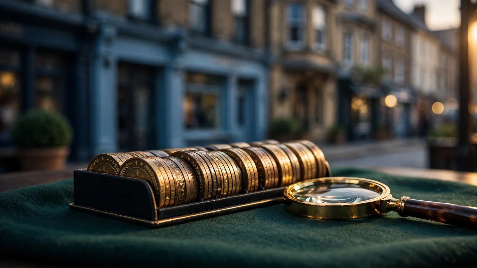 Magnifying glass inspecting casino tokens in a British setting