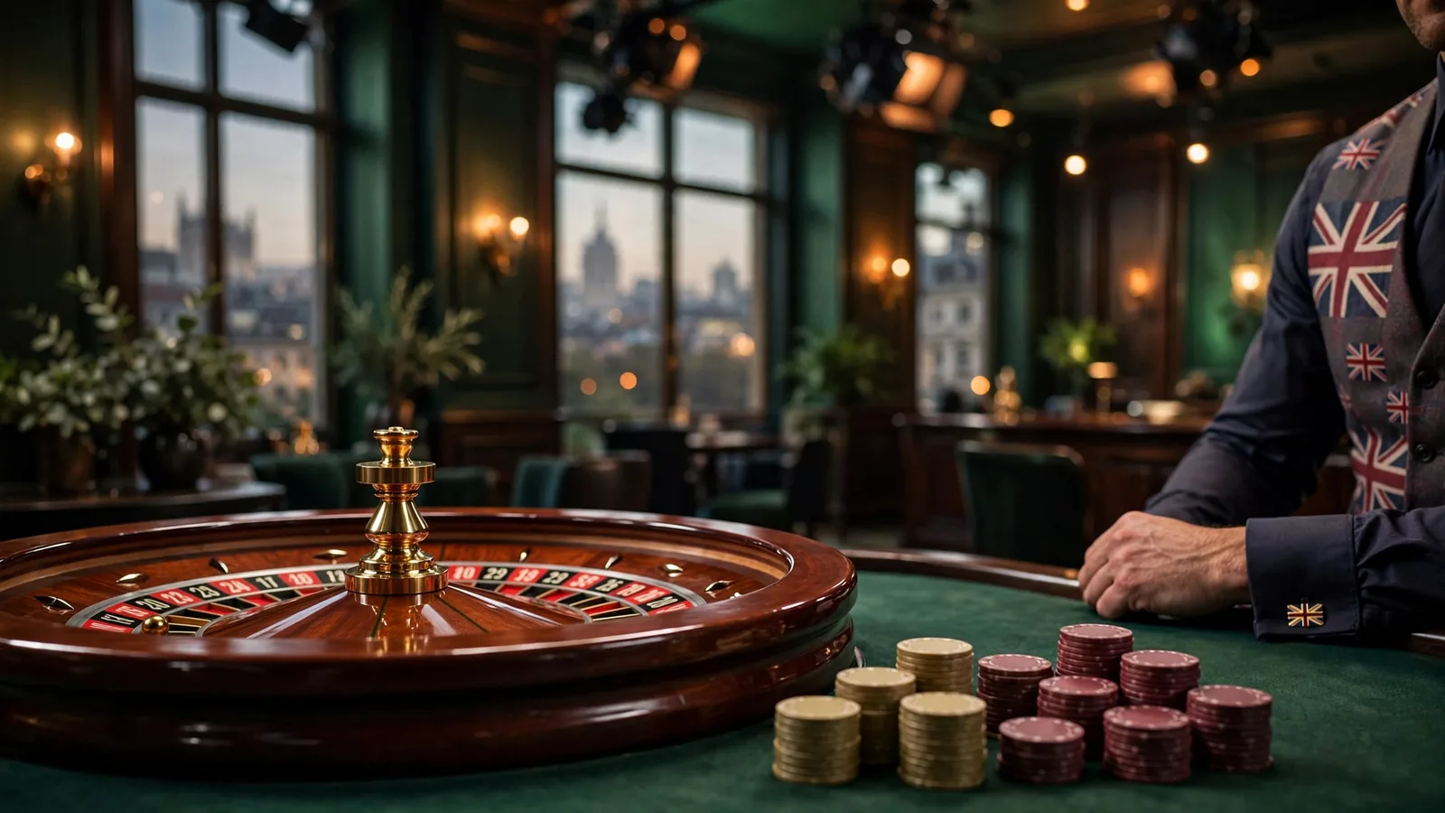 Elegant live dealer casino studio with roulette wheel and chips, UK atmosphere