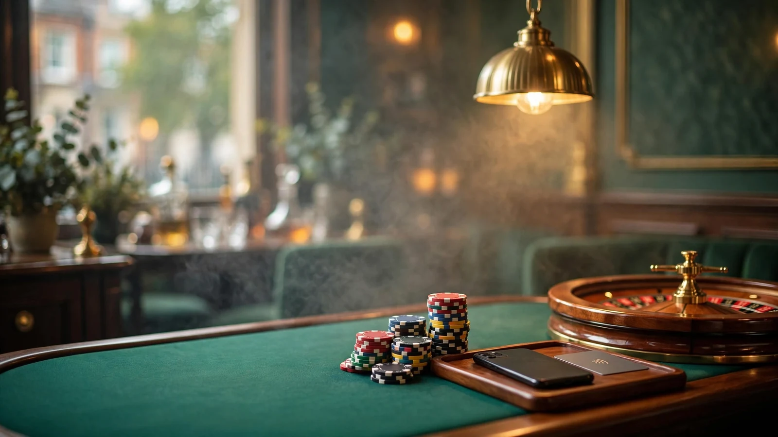 British casino lounge with a card table, roulette wheel, chips and a contactless card