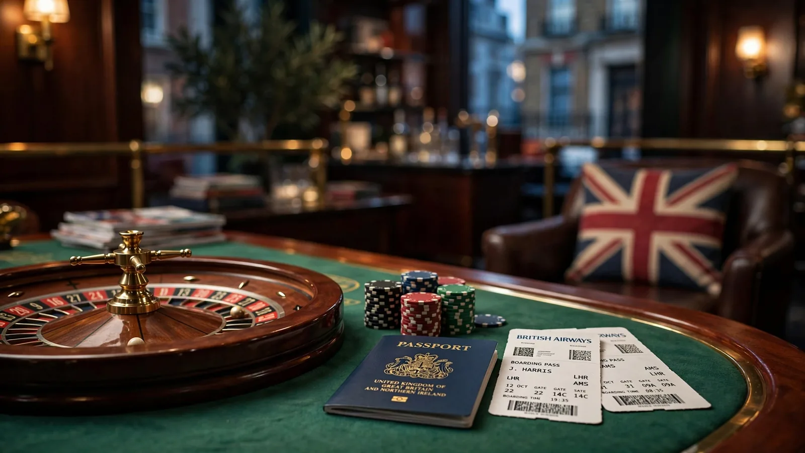 Casino table with roulette wheel, chips, passport and boarding passes suggesting international online gambling.