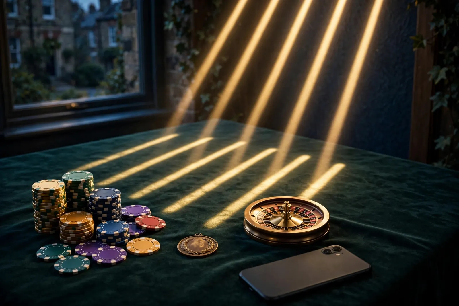 Elegant UK casino tabletop with hidden phone, chips and roulette wheel