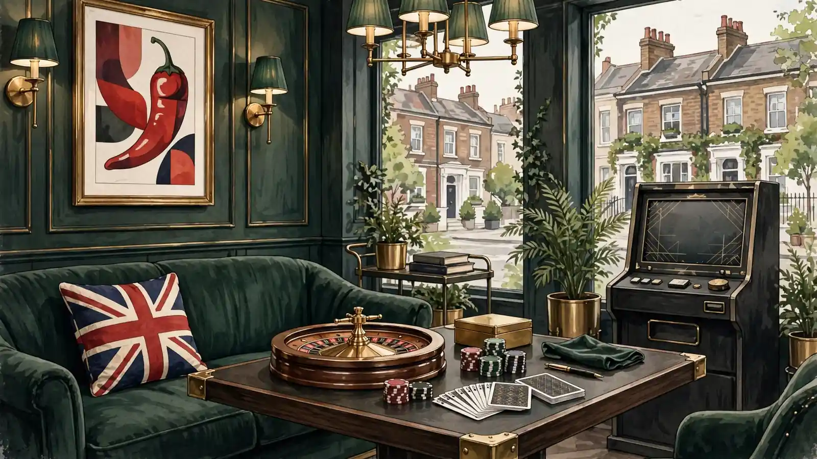 Stylised UK casino lounge with chilli peppers, chips, roulette wheel, and abstract slot machines.