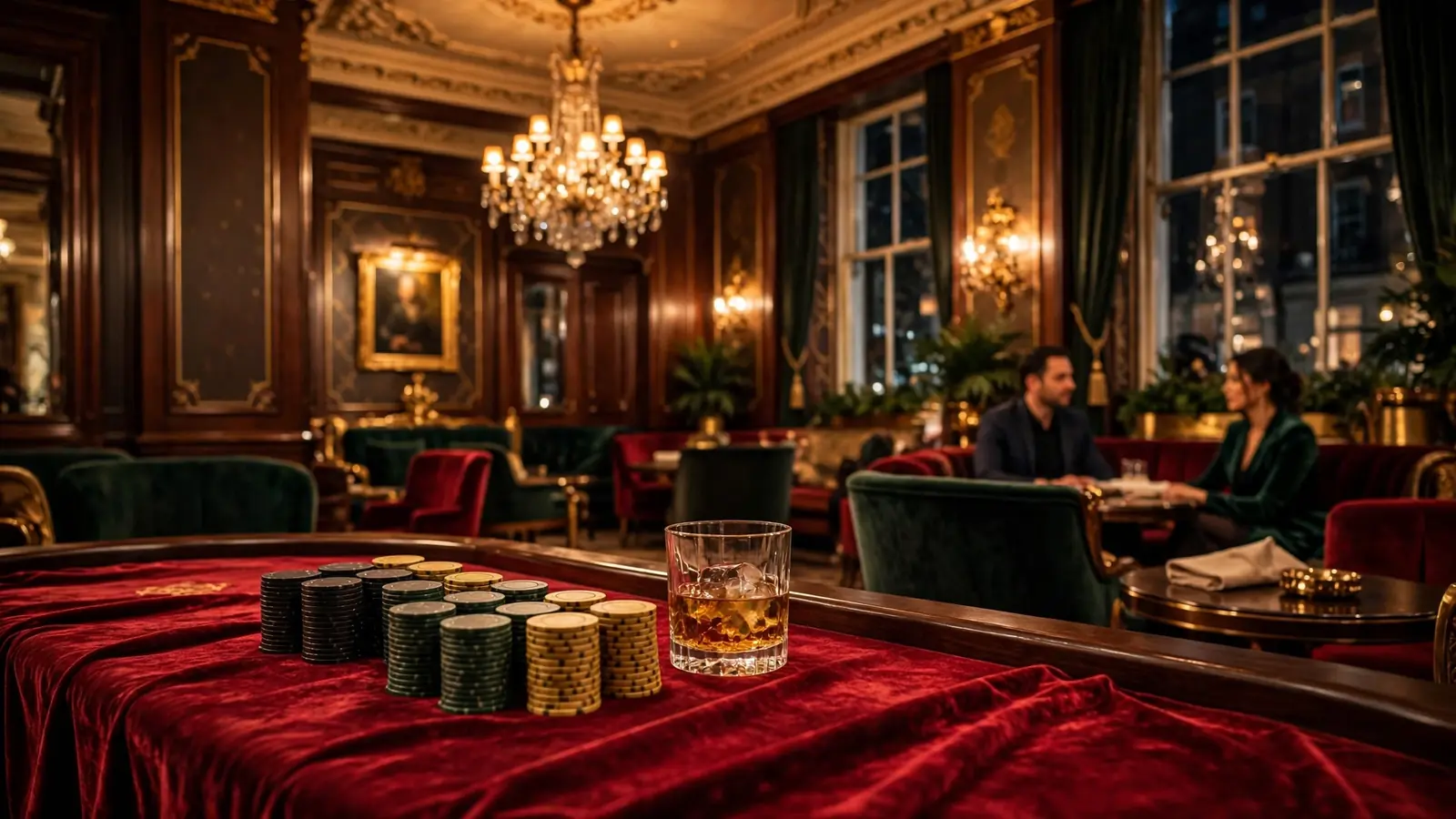 Luxurious London casino lounge with high-stakes gaming table and stacked chips