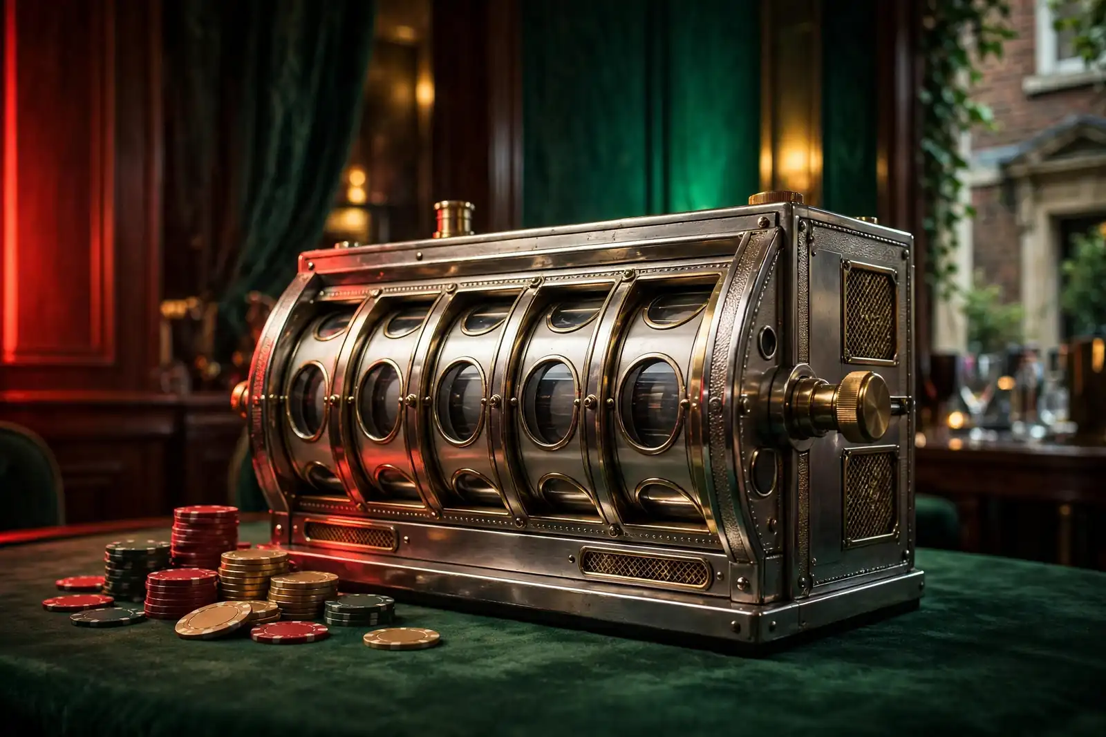 Premium five-reel casino machine glowing in a sophisticated British casino setting