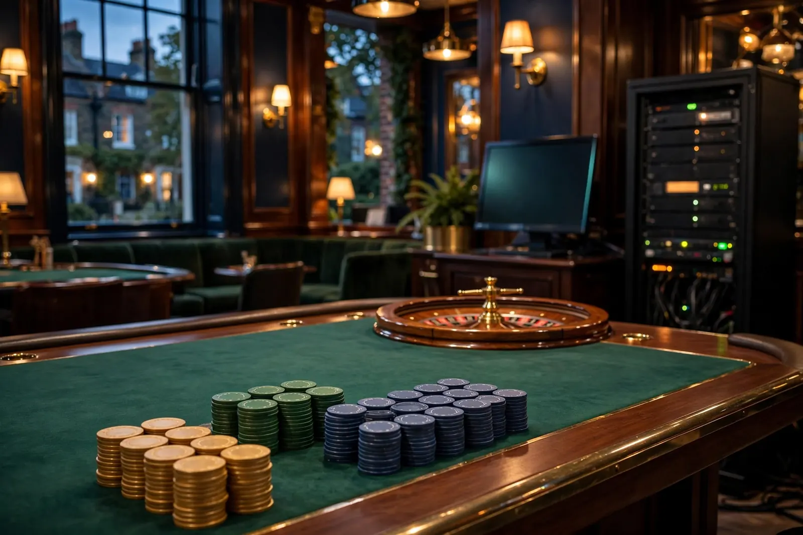 Luxurious UK casino lounge with roulette wheel and gaming chips