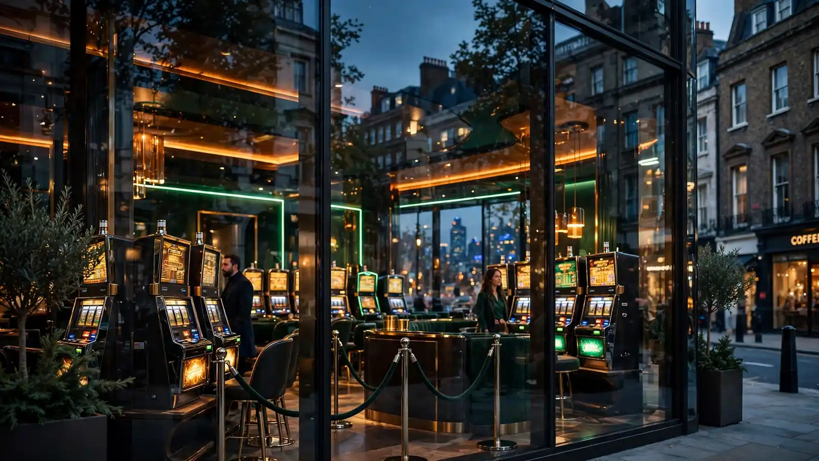 Modern London casino lounge seen through glass at dusk