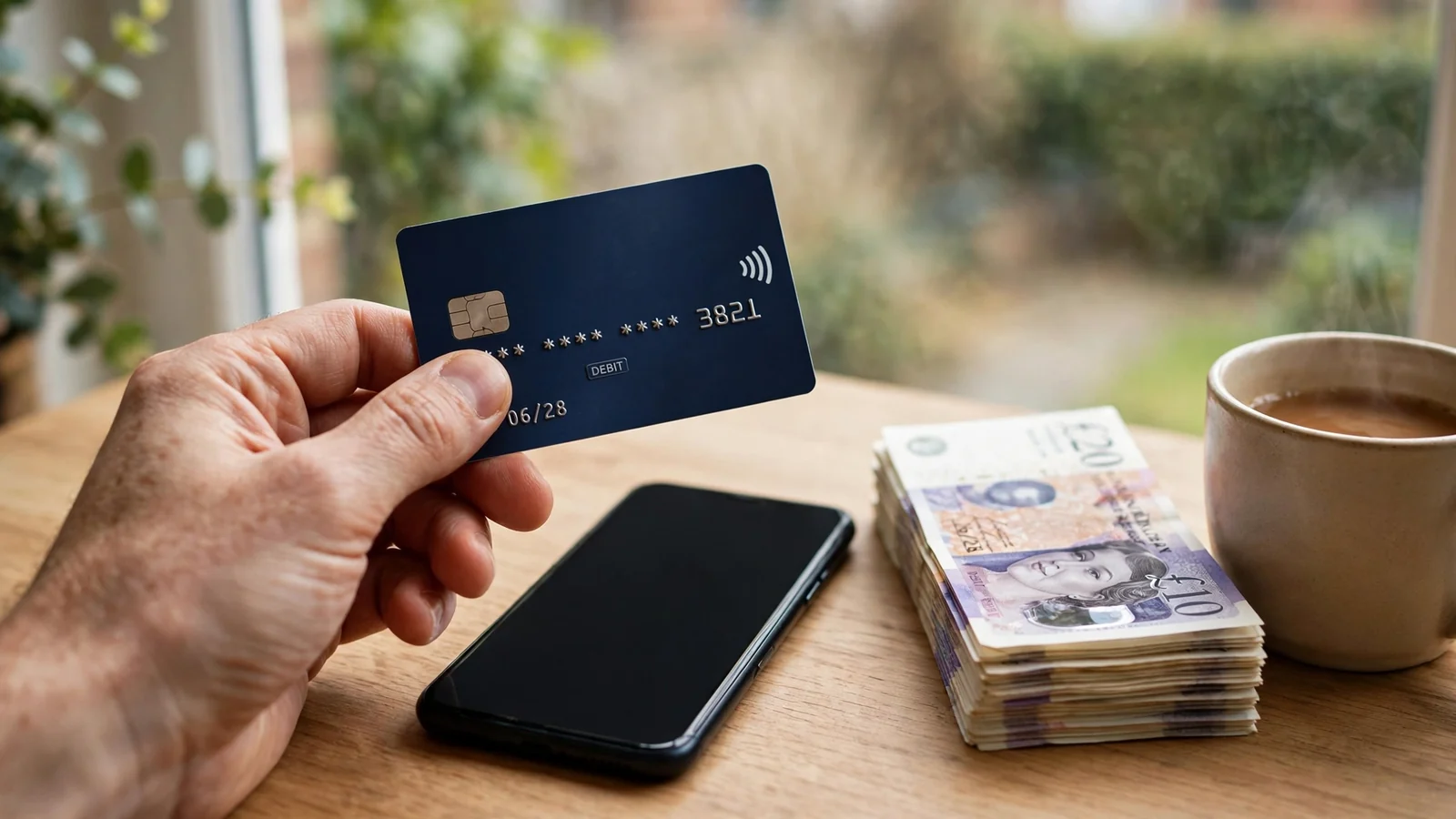 British bank card, smartphone, and pound notes on a table