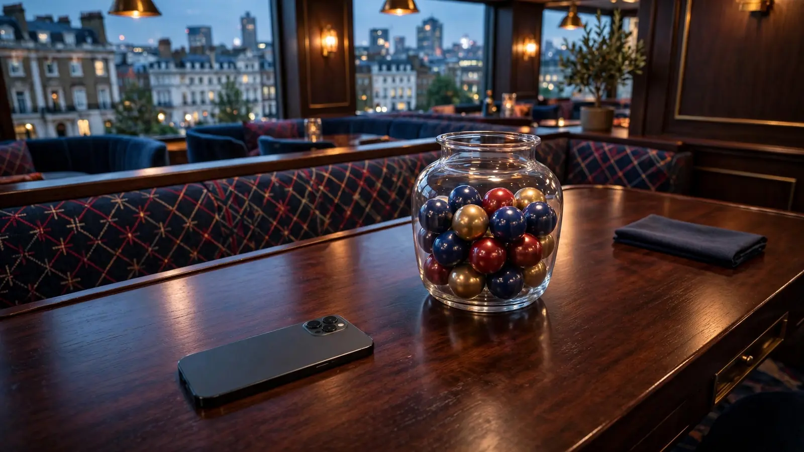 Face-down smartphone and keno balls in an elegant UK casino lounge
