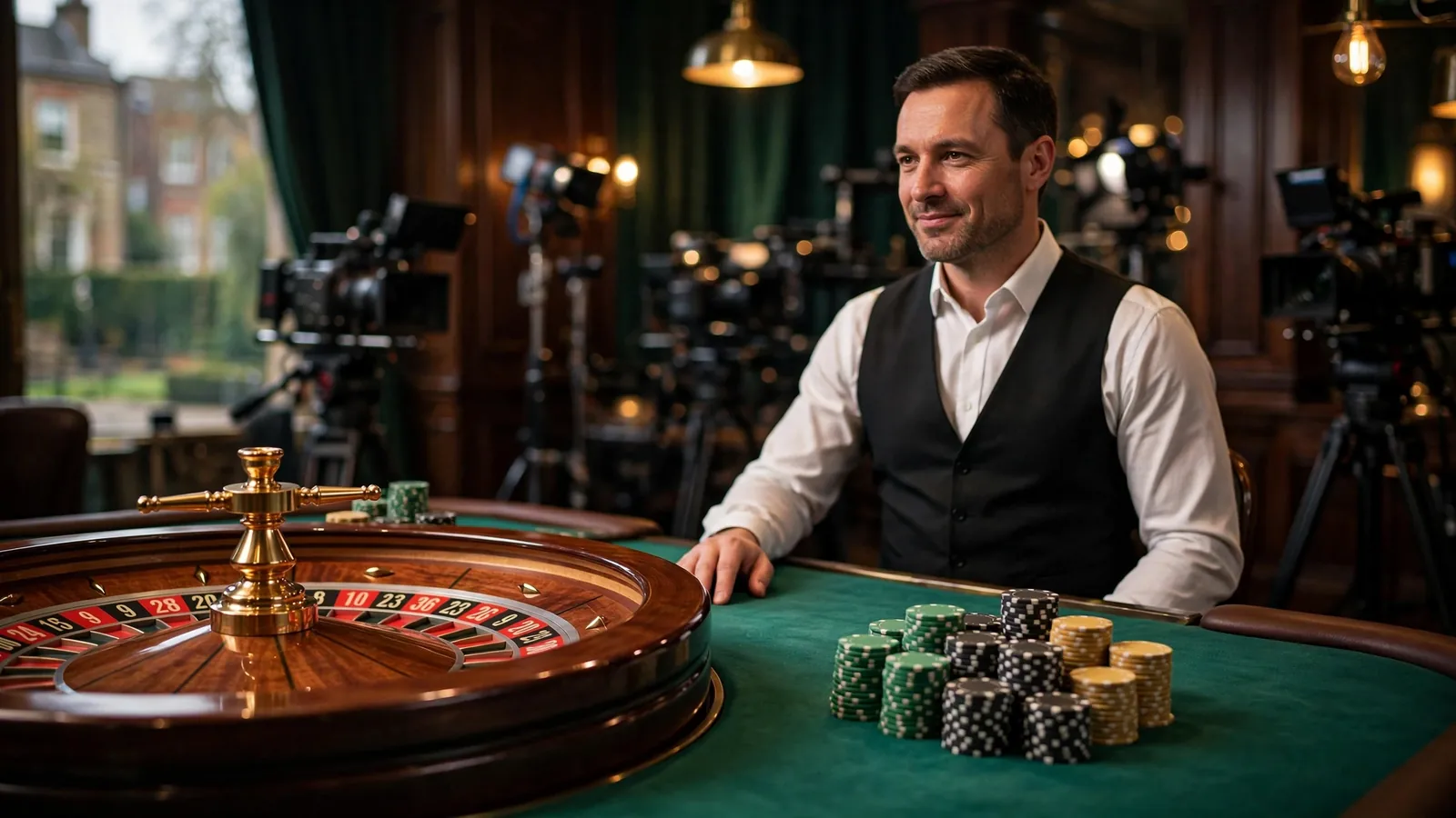Elegant live casino studio with a dealer beside a roulette wheel in UK setting.