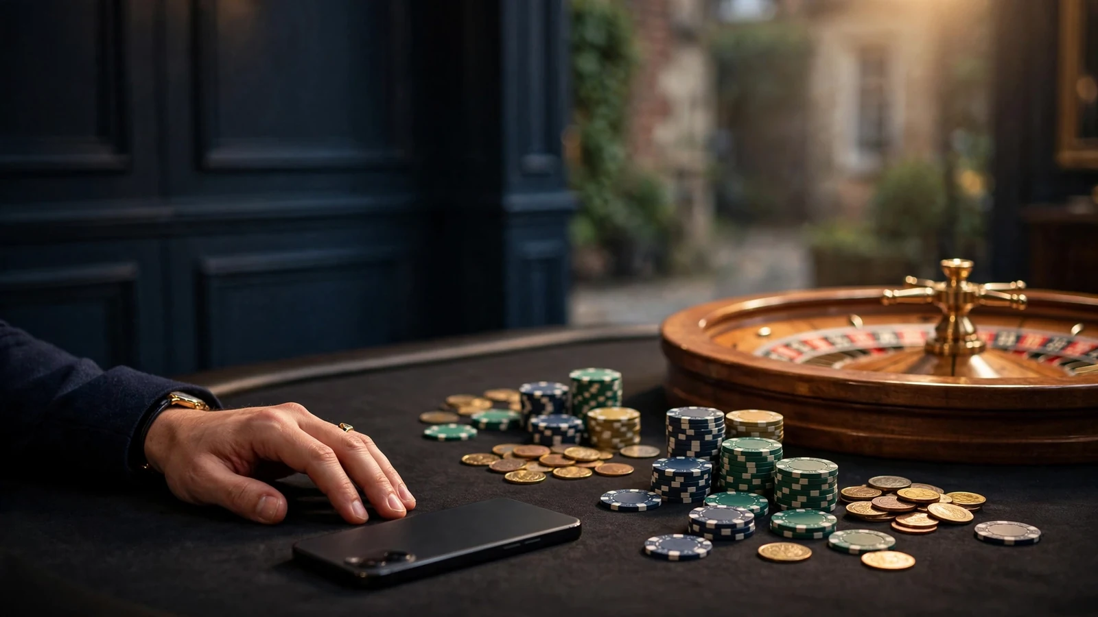 Face-down phone, casino chips and roulette wheel on a dark table