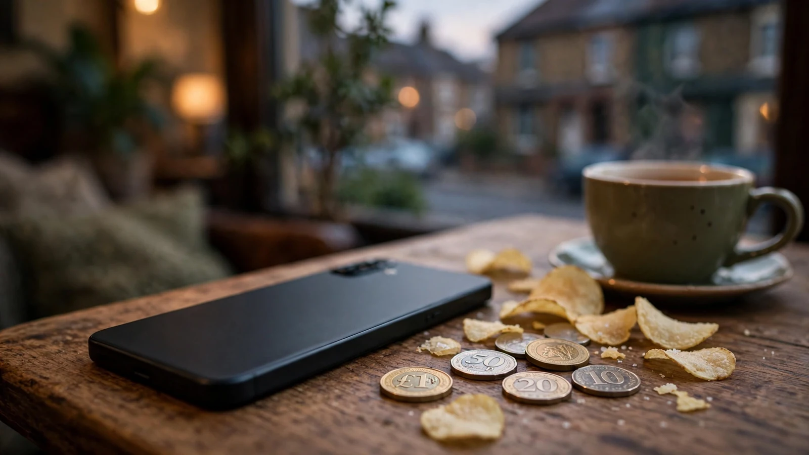 A smartphone on a British pub-style table with coins and casino chips.
