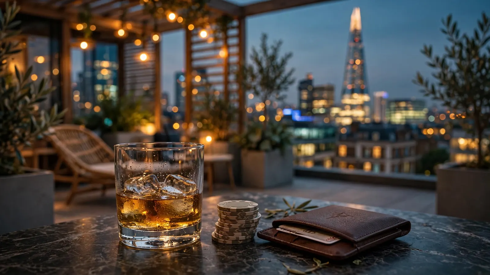Stylish London rooftop scene with poker chips and whisky glass at dusk