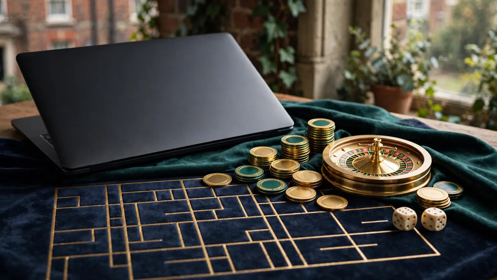 Premium UK casino illustration with tokens, roulette wheel, and dark laptop