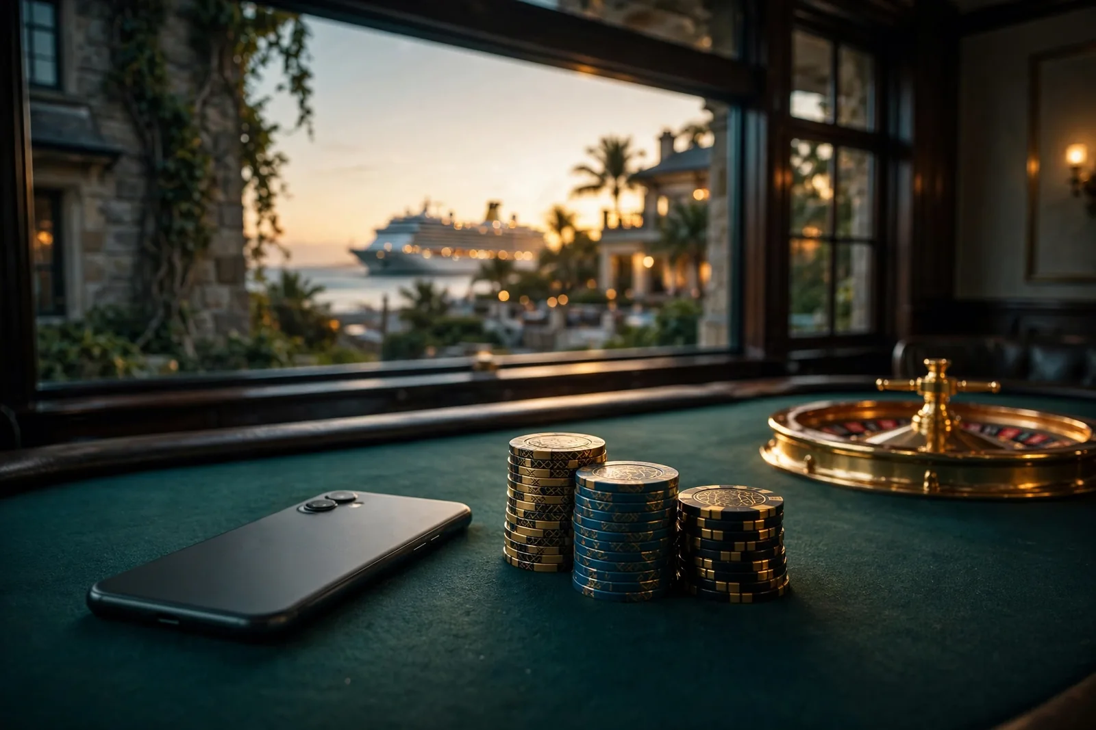 Casino chips, roulette wheel, and phone on felt table with offshore resort background
