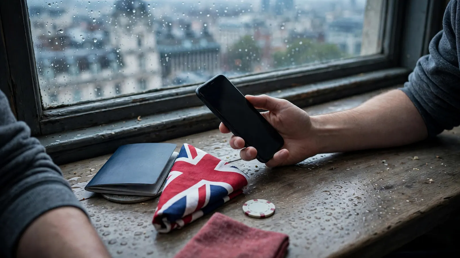 London player with passport, Union Jack and casino chip beside a switched-off phone