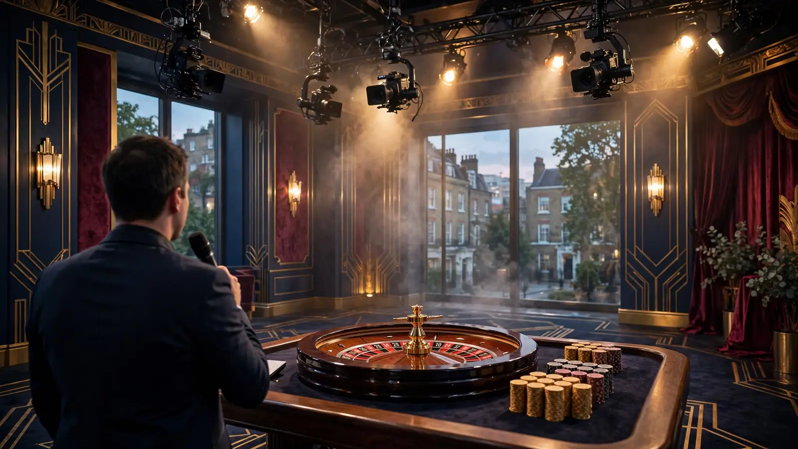British online casino game show studio featuring a presenter and roulette wheel