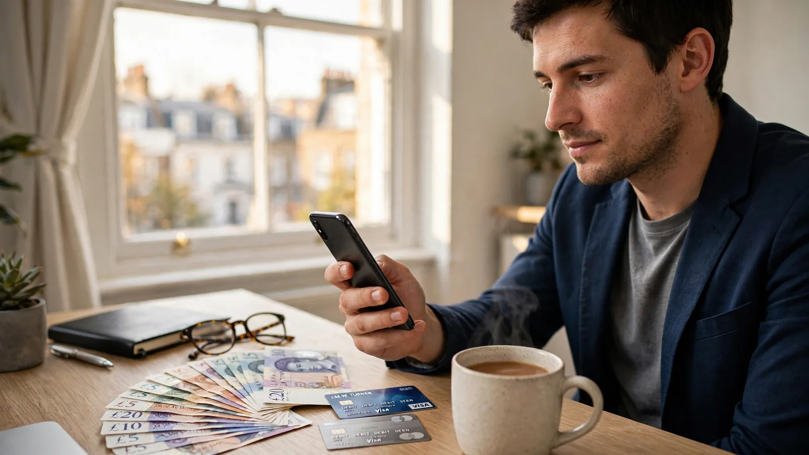 Young British man holding a smartphone beside payment cards and pound notes on a London desk.
