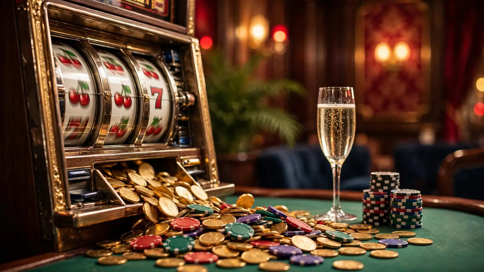 Golden jackpot coins spilling from a slot machine in a glamorous UK casino setting