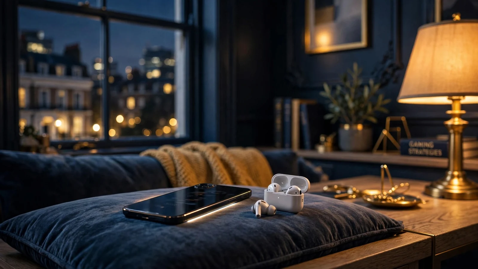 Modern British living room at night with a smartphone on a cushion and city lights outside