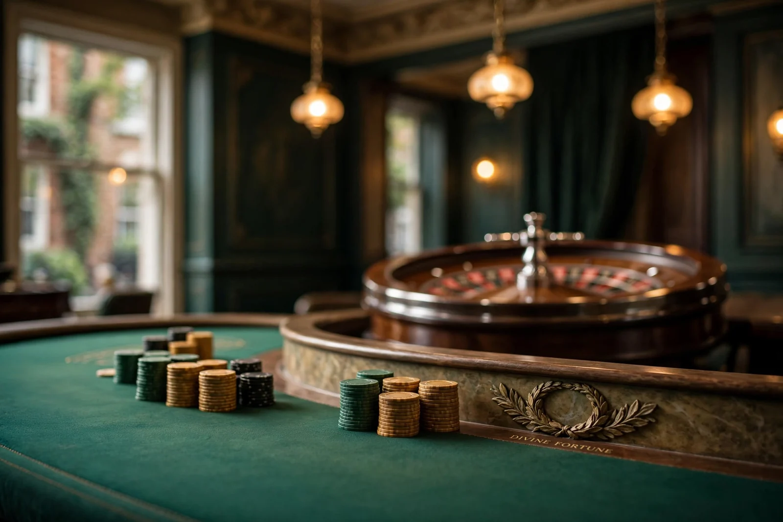 Elegant UK casino interior with roulette wheel and stacked chips under warm lighting