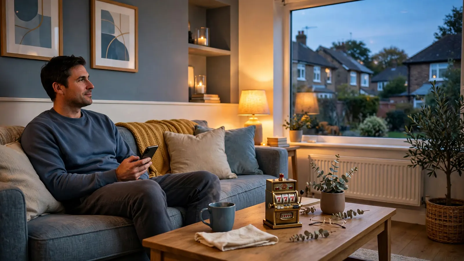 Person relaxing on sofa with smartphone in a cozy UK living room at dusk