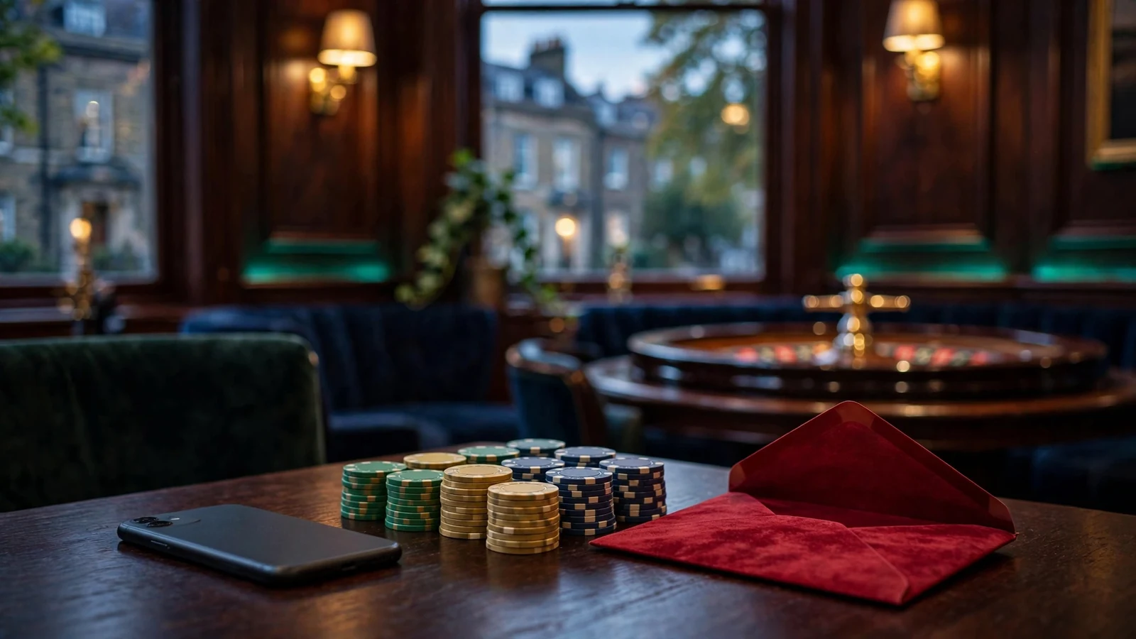 Premium British casino scene with cashback motif and hidden smartphone screen